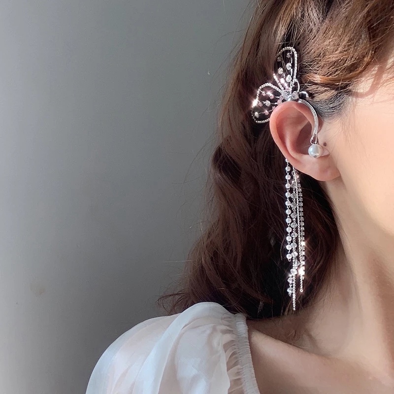 [Women Korean Elegant Pearl Butterfly Tassel Ear Clips] [Ladies Bohemia Rhinestone Statement Drop Earrings] [Korean INS Simple Style Wedding Party Ear Jewelry]