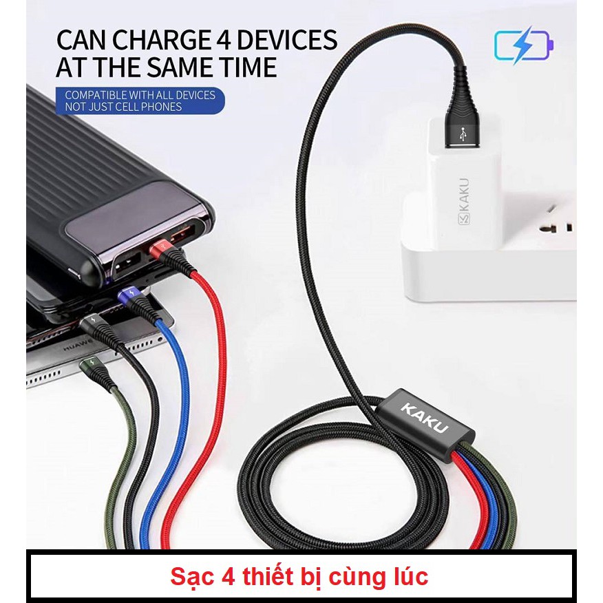 Cáp sạc đa năng 4 đầu KAKU-Sạc nhanh 2.8A-2 cổng-USB Type-C-Micro USB