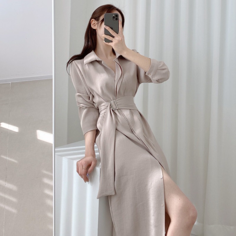 Đầm sơ mi thắt eo giấu cúc dáng dài công sở phong cách nhẹ nhàng vintage