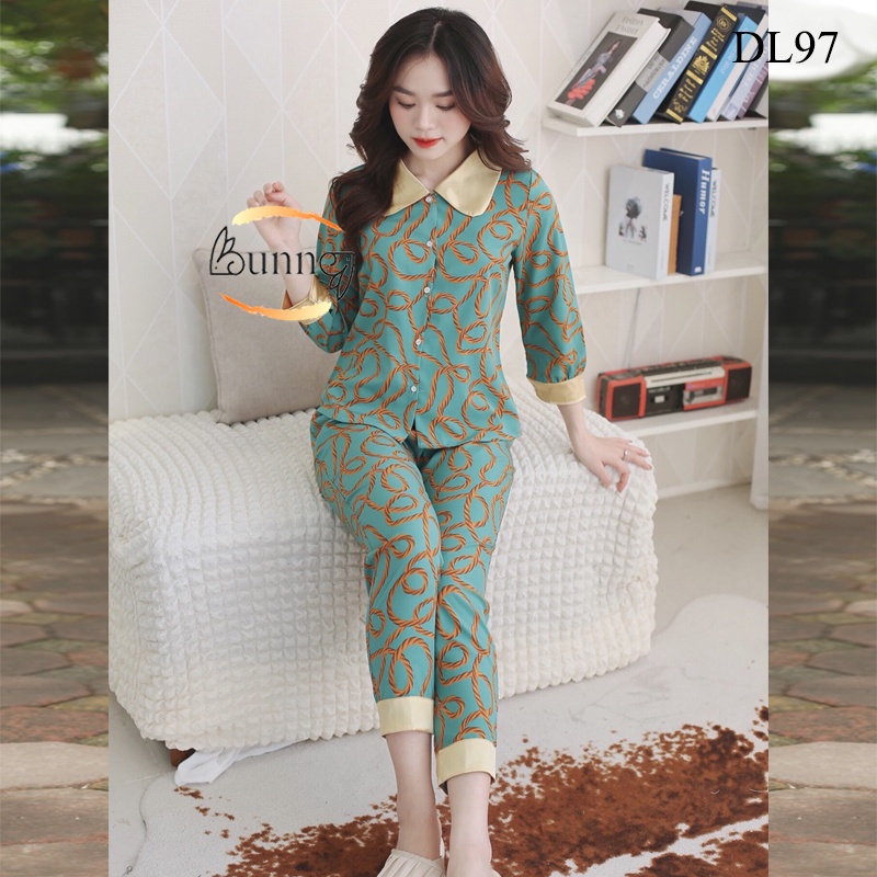 [Bunnysky] ĐỒ BỘ NỮ MẶC NHÀ CHẤT LIỆU LỤA MỀM MÁT TAY CỘC QUẦN DÀI KIỂU DÁNG ĐẸP HỌA TIẾT LẠ