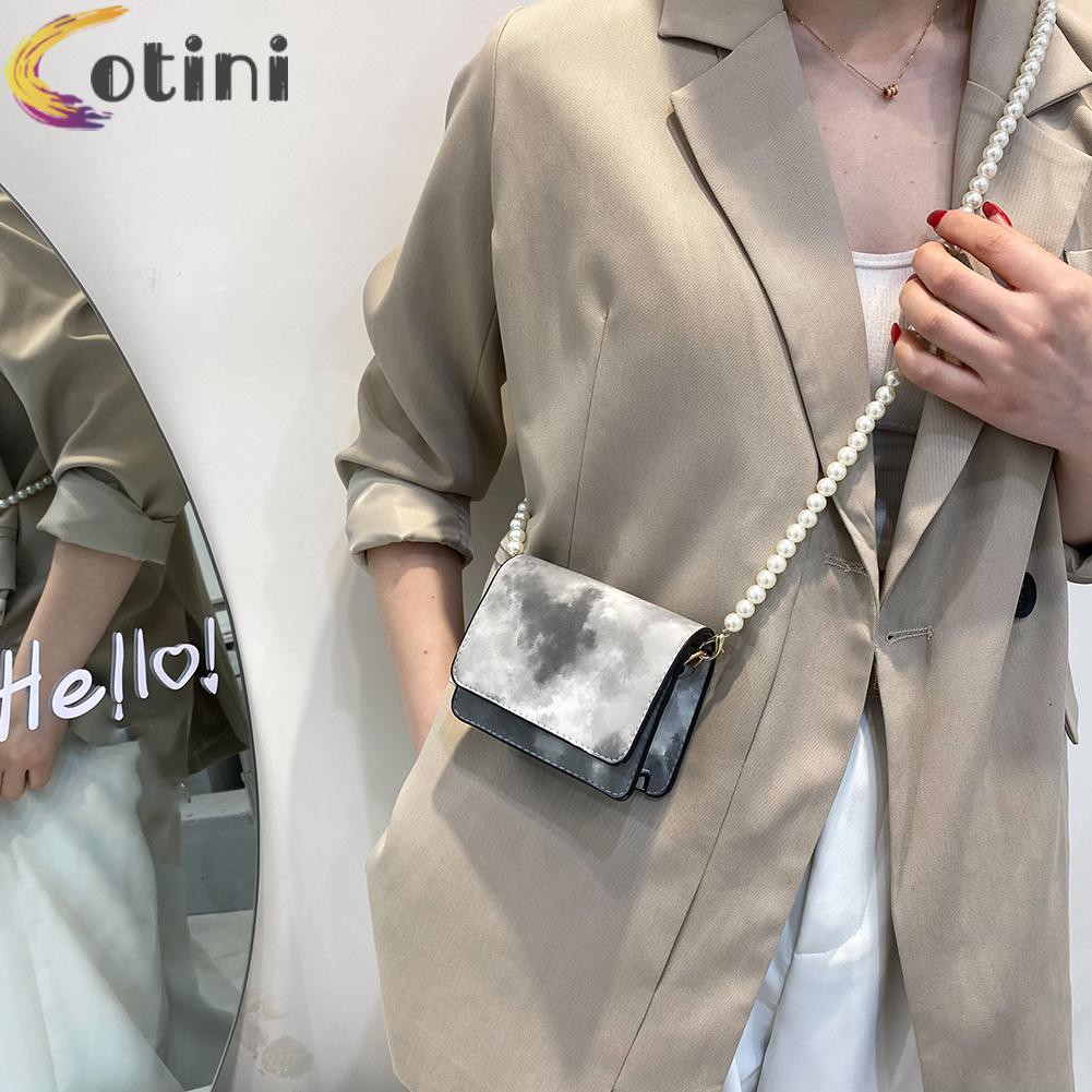 COTINI Retro Women Tie-dye Pearl Chain PU Crossbody Bag Casual Ladies Mini Handbag