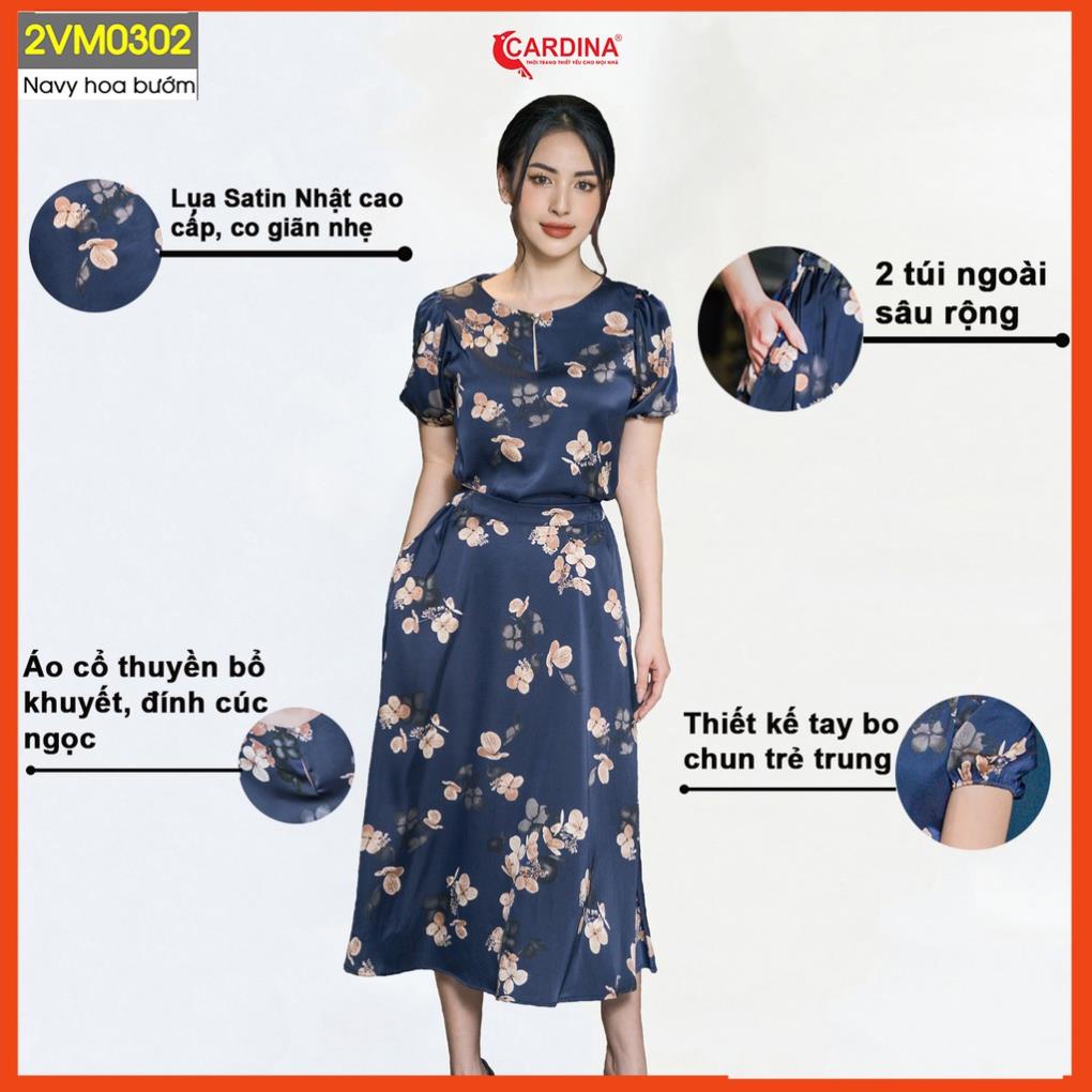 HK Set Đồ Nữ CARDINA Chất Lụa Satin Nhật Cao Cấp Áo Cộc Tay Chân Váy Chữ A Họa Tiết Hoa Trẻ Trung 2VM03