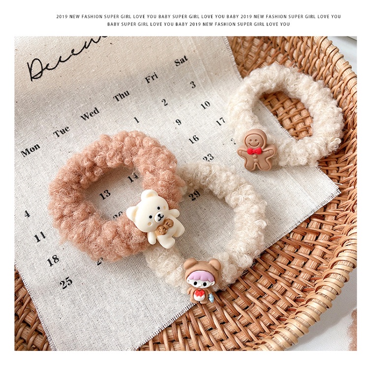 Dây cột tóc gắn họa tiết hoạt hình 3D cute trơn màu chất liệu lông bền chắc PK743