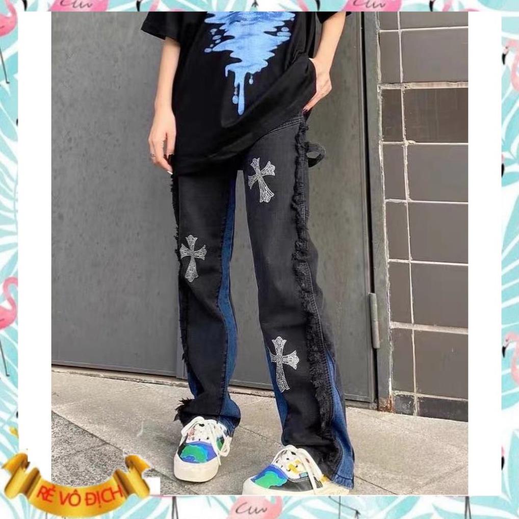 Quần jean ống rộng unisex thánh giá thêu thời trang