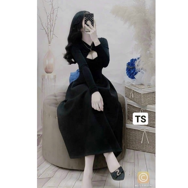 Váy thiết kế hở dáng suông ngực sexy, váy thiết kế dài tay quyến rũ hàn quốc | BigBuy360 - bigbuy360.vn