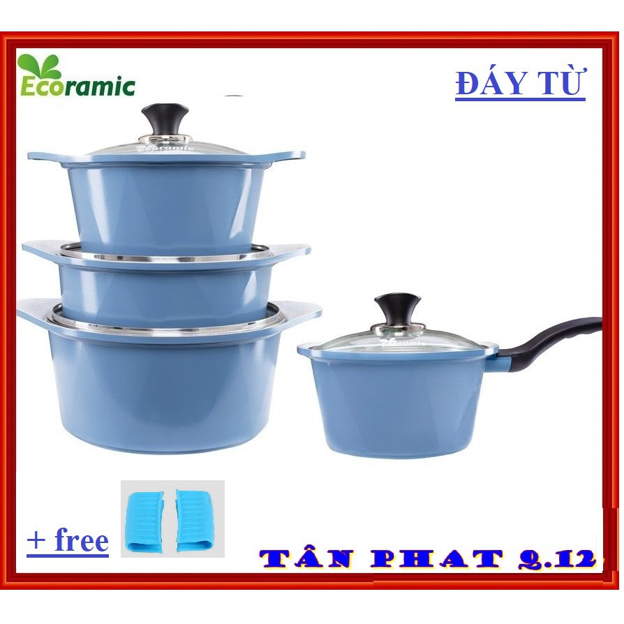 BỘ 4 NỒI VÂN ĐÁ ĐÁY TỪ ECORAMIC (3 NỒI, 1 QUÁNH, màu xanh hoặc hồng)