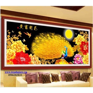 Tranh thêu chữ thập chim công đẹp (khổng tước kim sắc)KT150x58cm