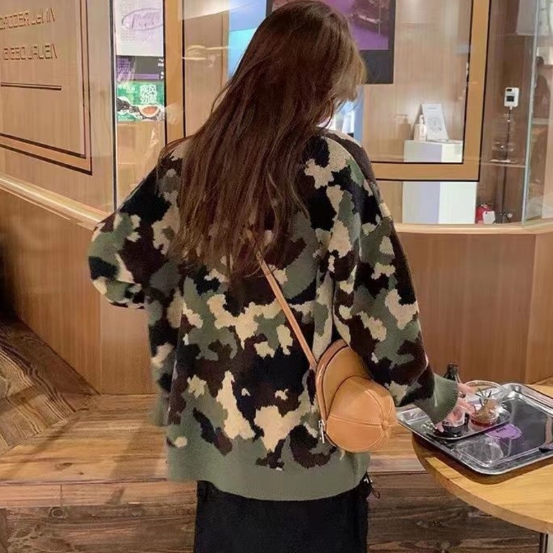 Áo Khoác Len Jacquard Tay Dài Màu Sắc Tương Phản Phong Cách Hàn Quốc