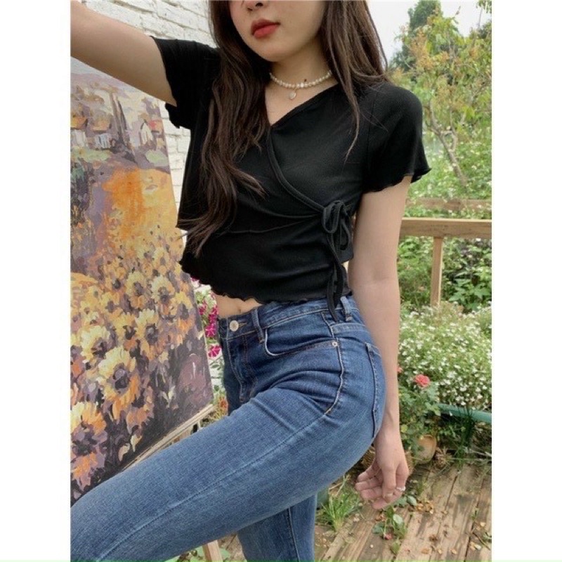 Áo croptop đắp chéo cột dây eo A5045
