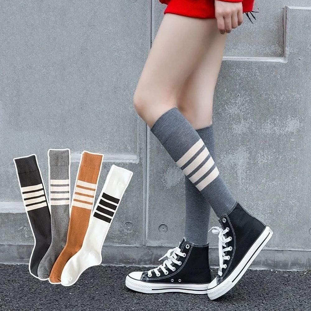 Tất ống dài ngang đầu gối họa tiết sọc gợi cảm vải cotton mỏng co giãn thời trang cho phụ nữ