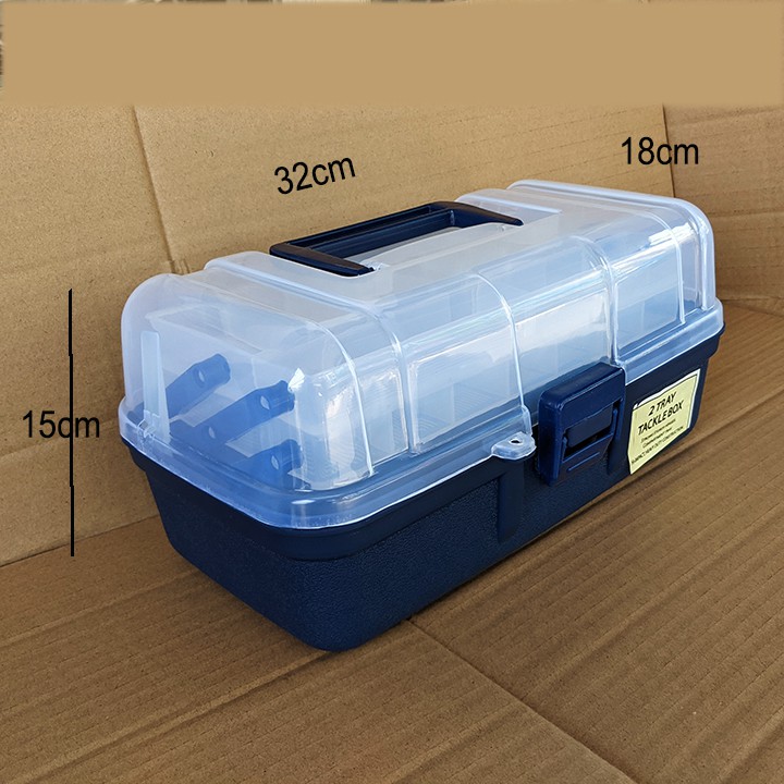 Hộp dụng cụ, hộp đồ nghề 2 tầng xếp gọn, nắp trong, khóa cài, quai xách. Một số vách ngăn tháo được. 32x18x15cm.