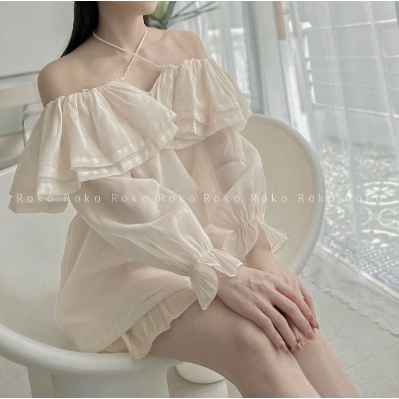Áo trễ vai tơ tầng 2 lớp xoè rộng tơ lụa ovanga xịn l1 quảng châu