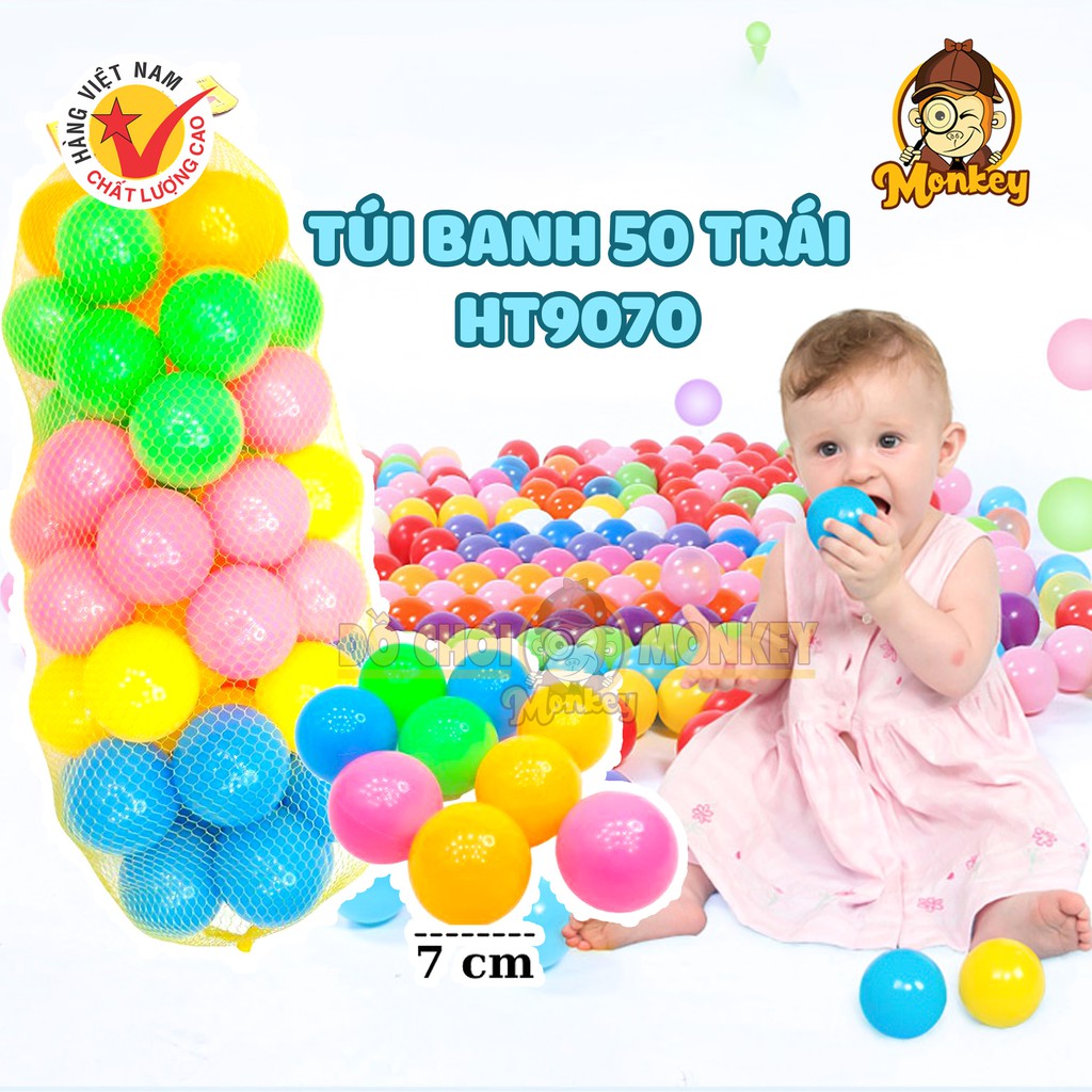 Bộ đồ chơi bóng nhựa cho bé Hoàng Thu chất liệu an toàn túi lưới 50 quả bóng nhựa 7cm hàng Việt Nam HT9070 - Monkey