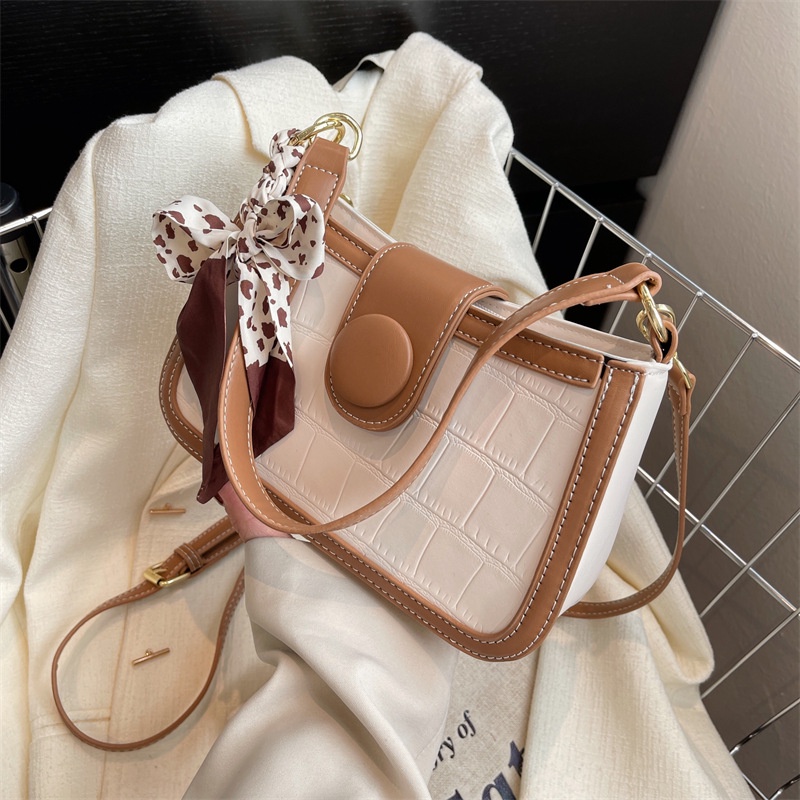 Túi xách đeo chéo IELGY kiểu ghép nối trang trí khăn lụa phong cách retro thời trang cho nữ