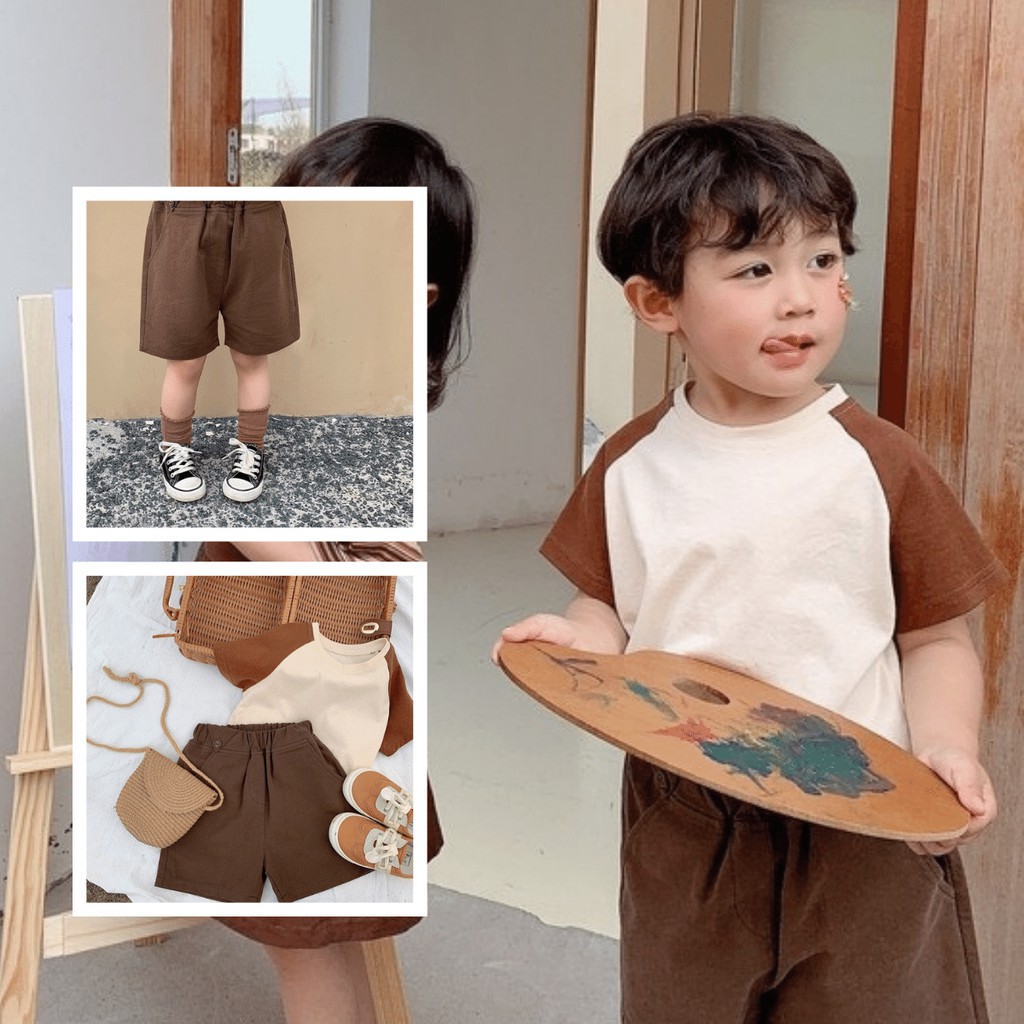 Áo phông cotton và quần short màu nâu coffee dành cho bé trai 2 - 6 tuổi