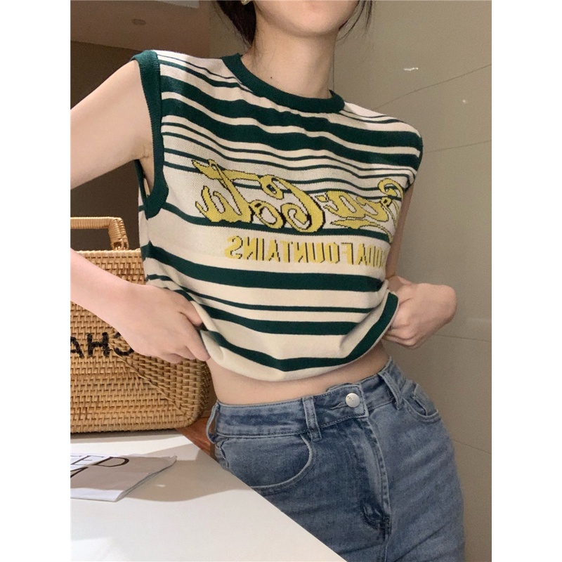 Áo Tank Top Dệt Kim Sát Nách Kẻ Sọc Phối Màu Tương Phản Kiểu Retro Mỹ Cá