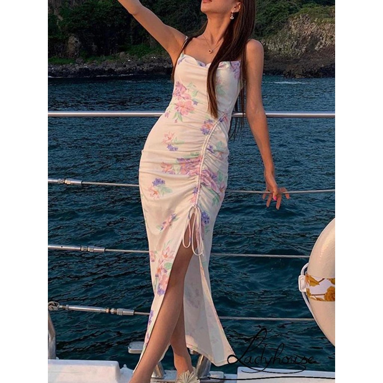 Ldd-đầm Dài Hai Dây Rút Eo Cao Xẻ Tà Cao In Họa Tiết Hoa Cho Nữ