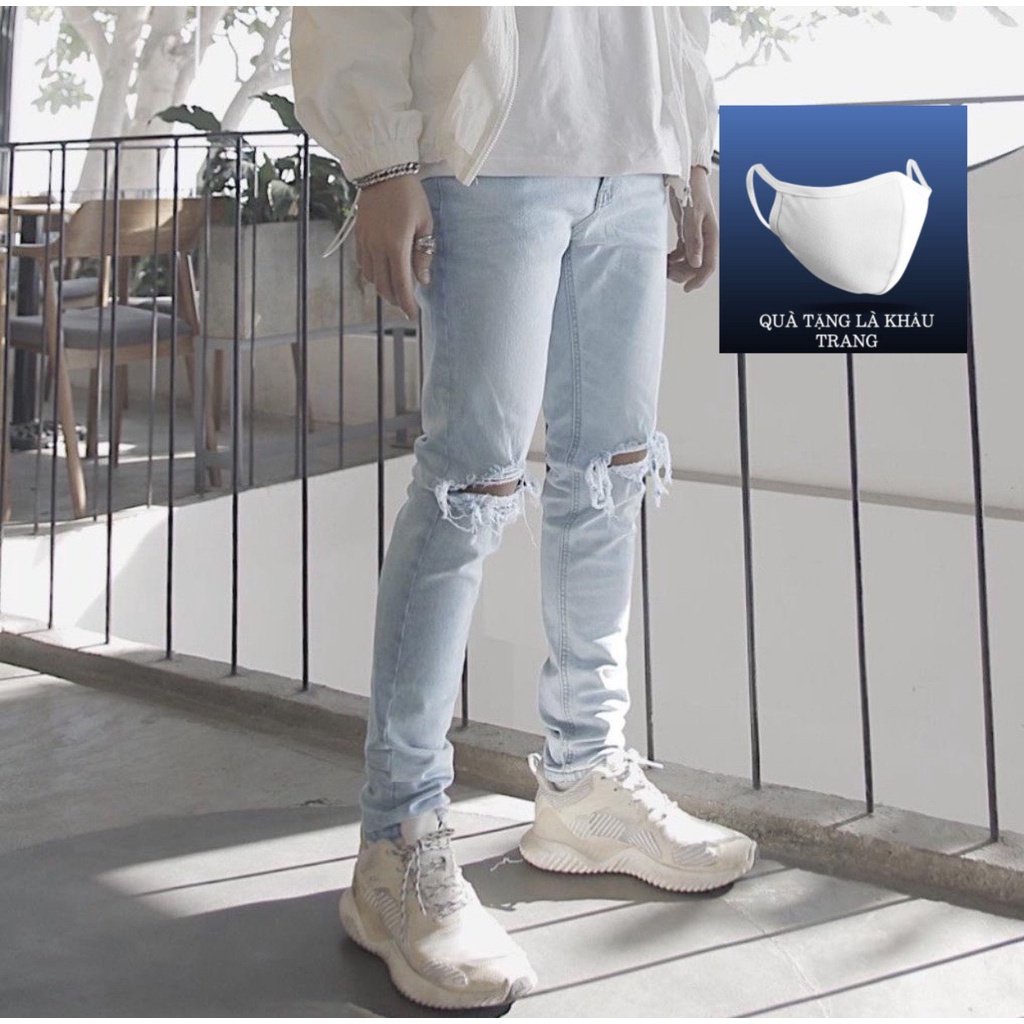 Quần jean nam rách gối màu đen chất bò cao cấp co dãn 4 chiều cực đẹp rin trơn from dáng skinny đẹp