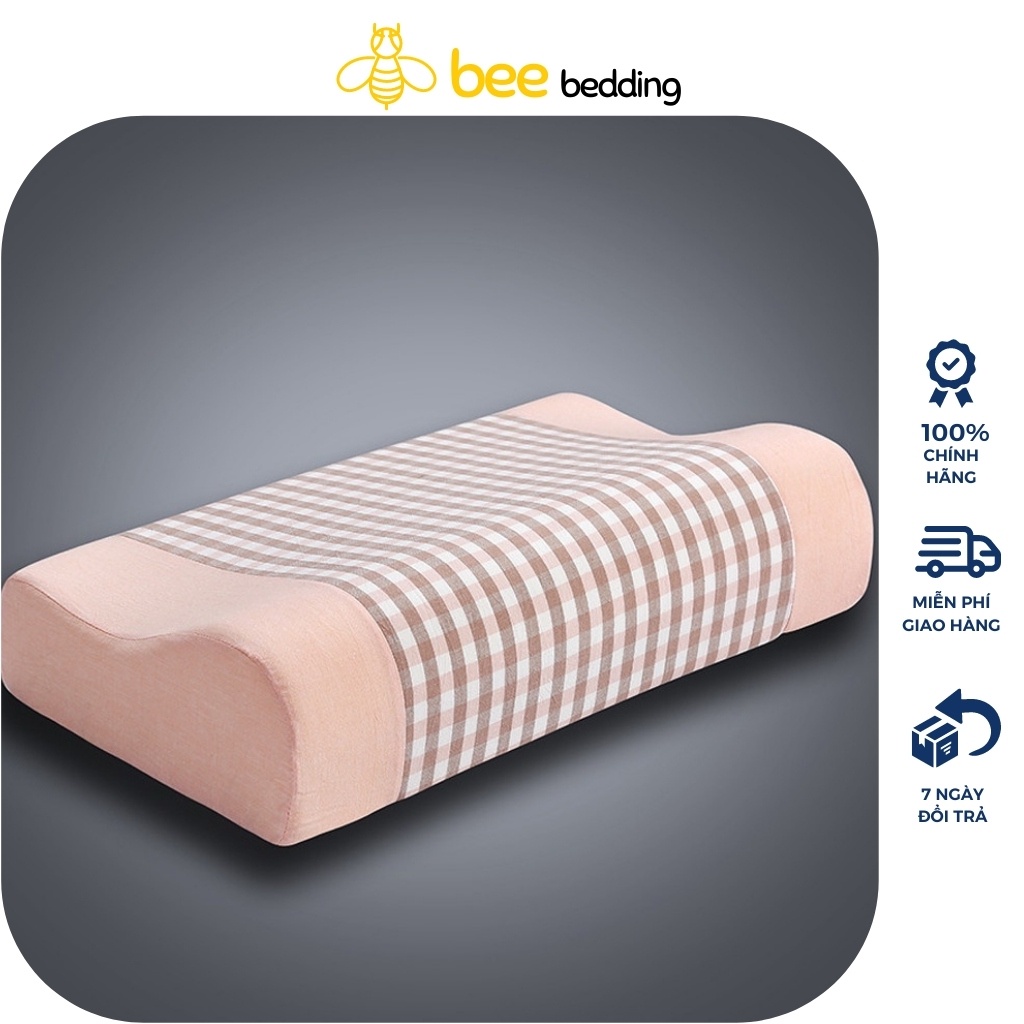 Gối cao su non người lớn Bee Bedding, chống đau vai gáy, ngáy ngủ kích thước 30x50cm, kèm vỏ gối kẻ sọc sang trọng