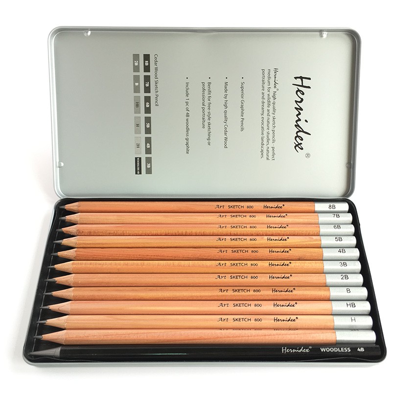 Bộ bút chì gỗ nghệ thuật Hernidex Art Sketch Pencil,12 cây/hộp thiếc