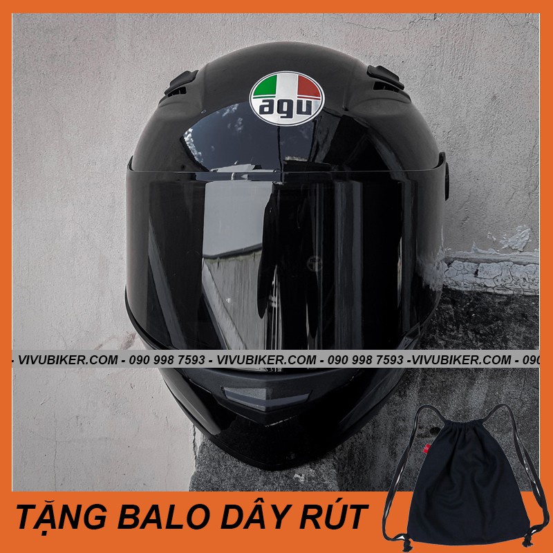 AGU Official Mũ Fullface AGU đen bóng tặng kèm balo dây rút - Mũ bảo hiểm Fullface AGU đen bóng kính đen siêu ngầu