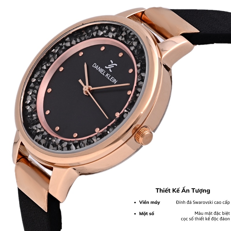 Đồng hồ nữ Daniel Klein Watch DK12051 mặt nhỏ đính đá, kính cứng chống xước, chống nước, dây da đeo tay cao cấp