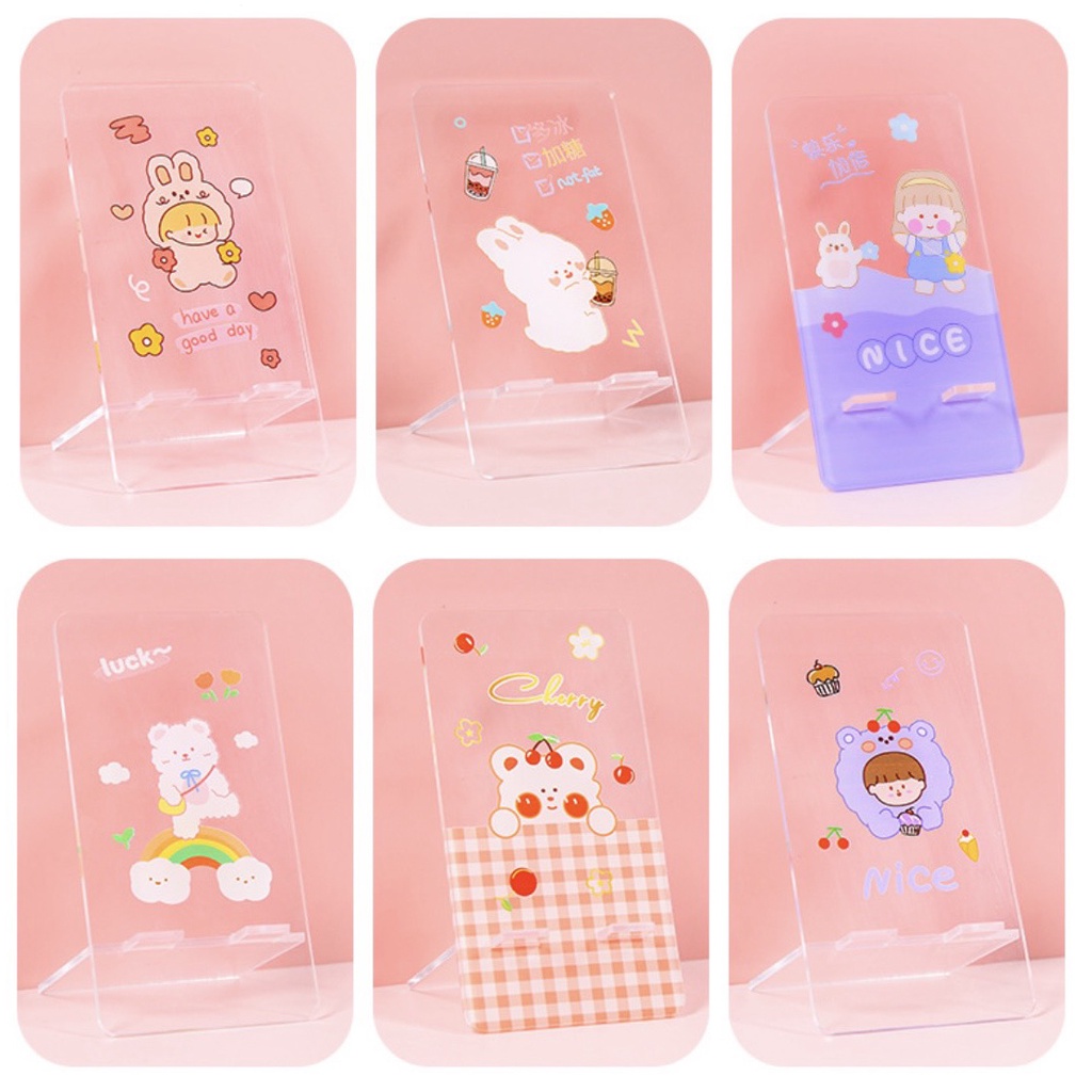 Kệ giá đỡ điện thoại ipad Béo shop bằng nhựa mica dán hình cô gái gấu thỏ rabbit vui nhộn dễ thương