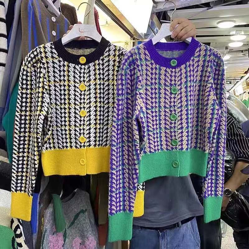 Áo Khoác Cardigan Dệt Kim Cổ Tròn Màu Tương Phản Thời Trang Cho Nữ