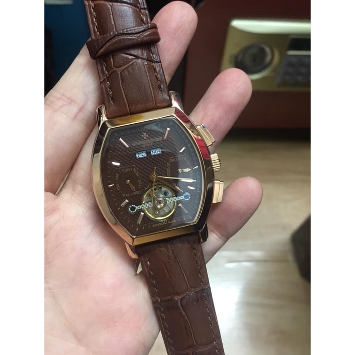 Đồng hồ Nam Vacheron constantin cơ tự động 6kim trăng sao size 40-41 dây da mặt cafe vỏ vàng hồng