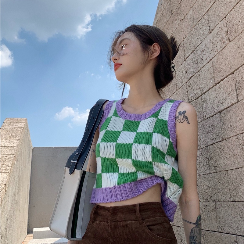 Áo Croptop Dệt Kim Không Tay Dáng Rộng Màu Sắc Thời Trang Cho Nữ