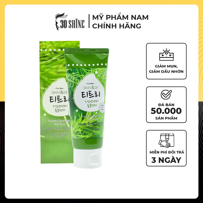 Sữa rửa mặt nam giảm mụn 30Shine phân phối chính hãng Skin&dr Tràm trà 80g cho da mụn, da dầu, dưỡng ẩm trắng da