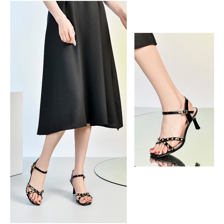 Giày sandal Dusto quai chéo, chất da bóng, gót 7cm (có sẵn)