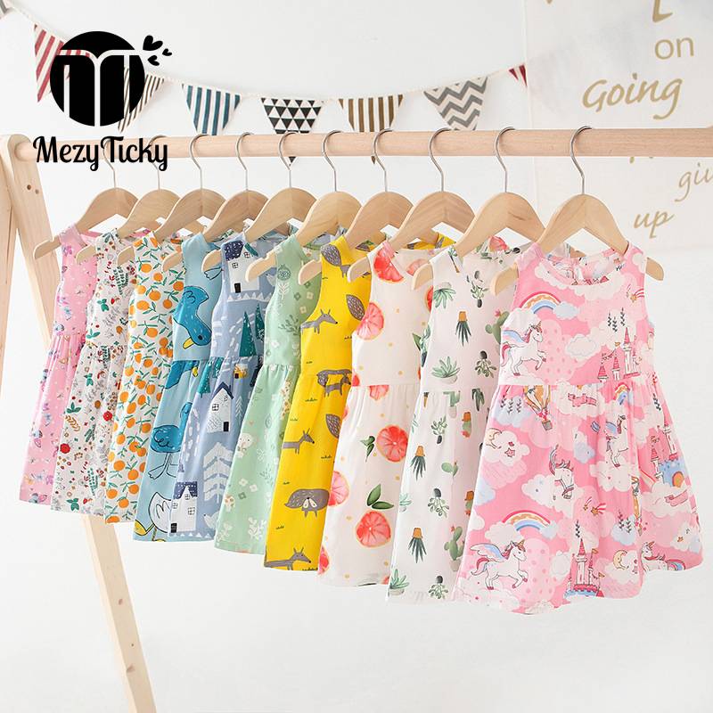 MezyTicky Thời trang bé gái in váy không tay 1-4 tuổi dễ thương váy công chúa trẻ em động vật hoa quả hoa quả váy cotton