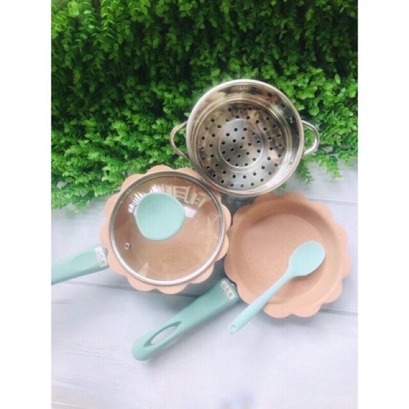 Bộ nồi chảo đá chống dính kèm lồng hấp nấu hầm ninh cháo, quấy bột ăn dặm cho bé SAMI KIDS