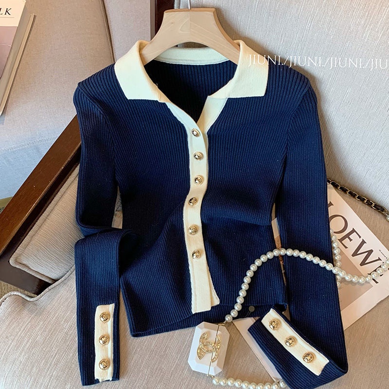 Áo Cardigan Dệt Kim Dáng Ngắn Màu Xanh Navy Thời Trang Mùa Thu Cho Nữ  tao bao