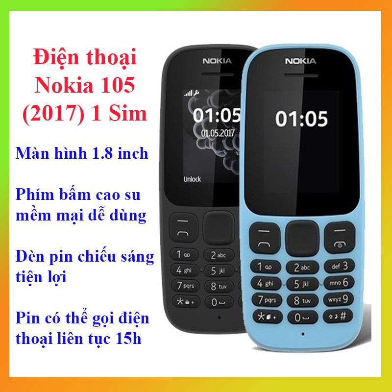 Điện thoại Nokia 105 1 Sim (2017) bàn phím,loa to kèm pin sạc