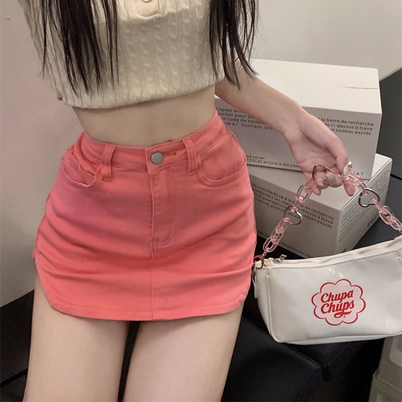 Jiashucheng Chân Váy Denim Hồng Lưng Cao Dáng Chữ a Thời Trang Mùa Hè Cho Nữ