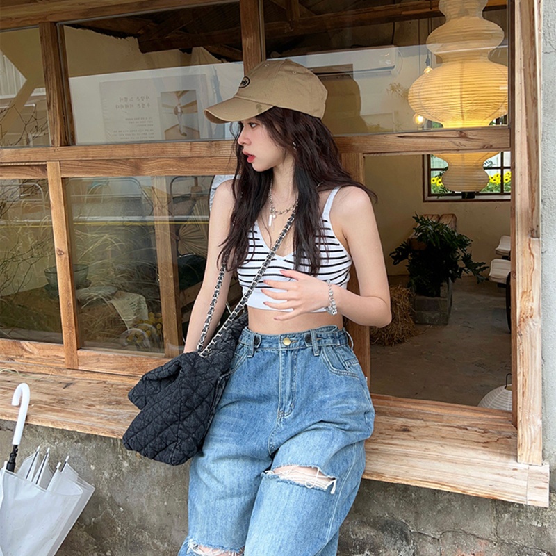 Áo Ngực Thể Thao Đan Len Hai Dây Có Đệm Nâng Ngực Màu Sắc Trơn Họa Tiết Kẻ Sọc Dành Cho Nữ