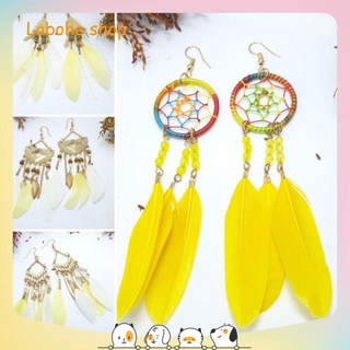 Bông tai lông vũ màu vàng phong cách Boho
