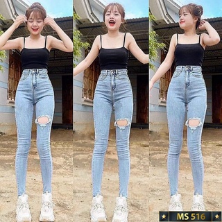 QUẦN JEAN NỮ RÁCH GỐI ÔM BODY LƯNG SIÊU CAO