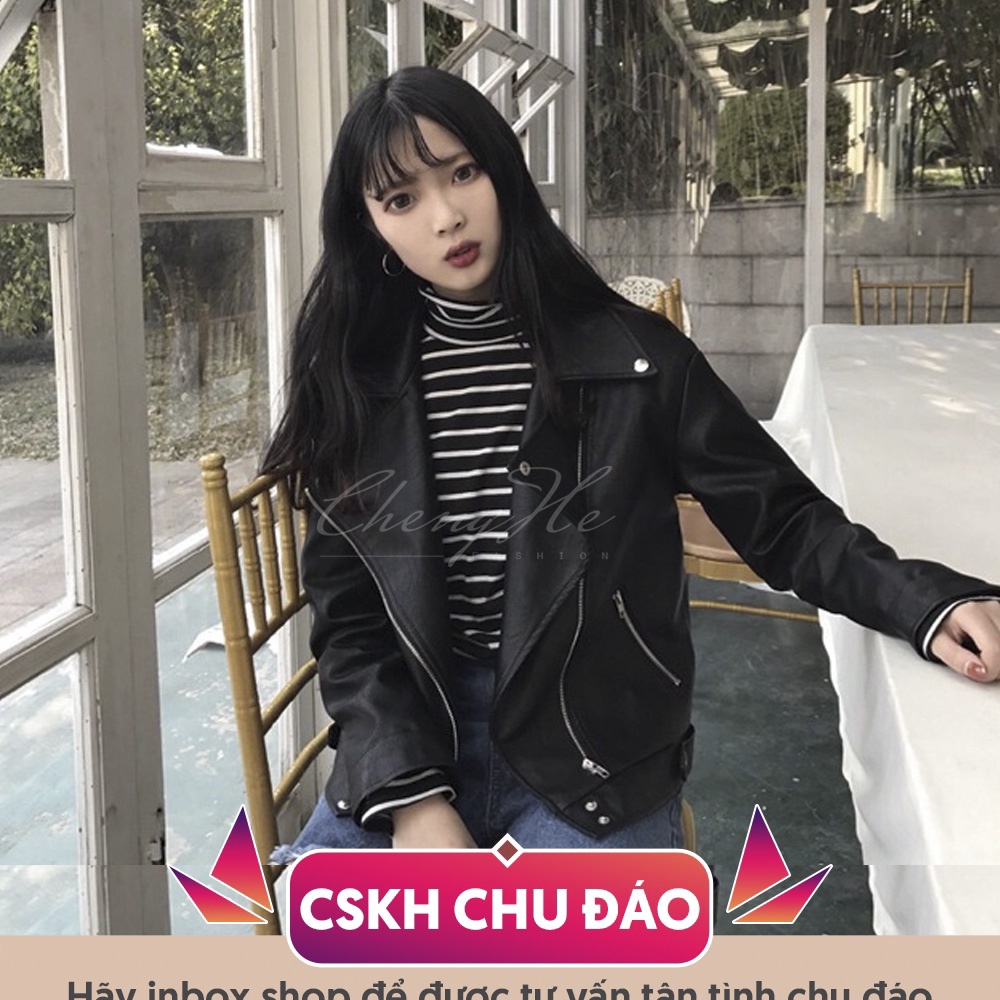 Áo khoác da nữ dáng ngắn phong cách Hàn Quốc màu đen A00007