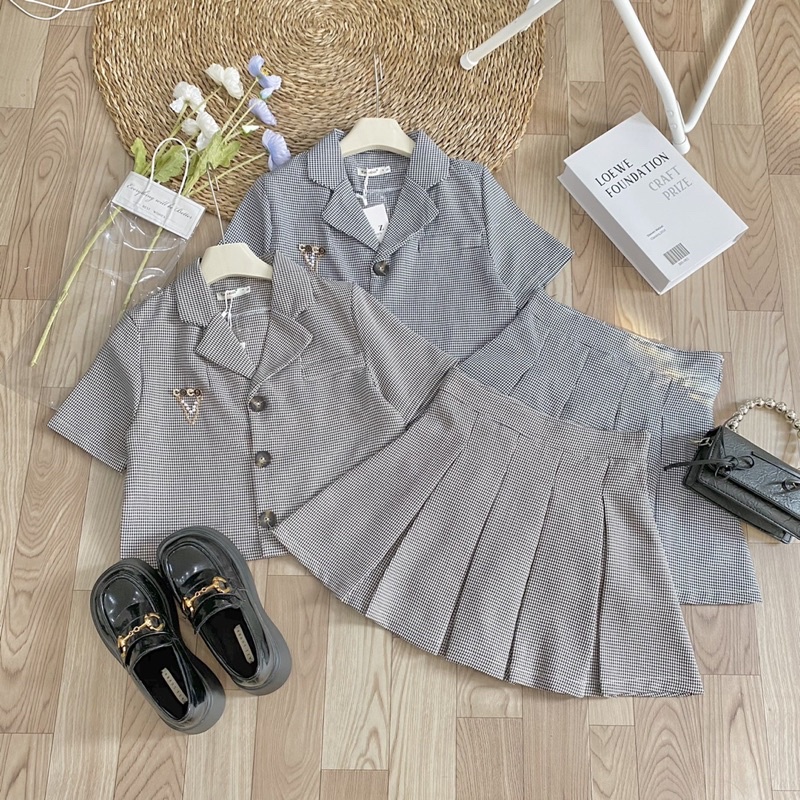Set Dạ Kẻ Croptop Chân Váy Xếp Ly 2 Màu Kèm Tag Có Ảnh Thật