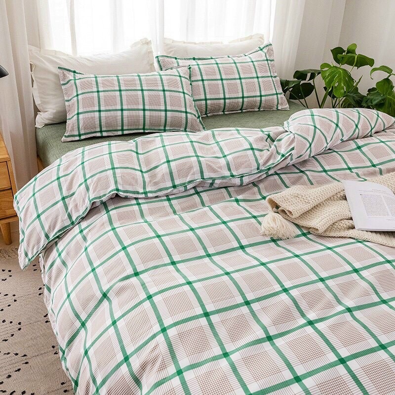 Bộ chăn ga gối poly cotton: kẻ (xanh/xanh lá/hồng) | BigBuy360 - bigbuy360.vn