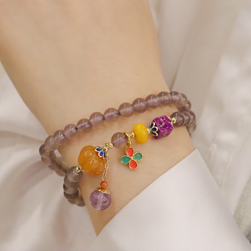 [Hàng Mới] Vòng Tay Mã Não Xám Phong Cách Trung Hoa Cổ Điển Mặt Cỏ Bốn Lá Và Cỏ Bốn Lá