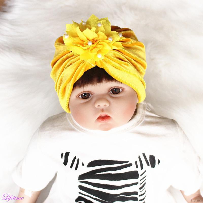 Mũ Turban Đính Hoa Và Ngọc Trai Mềm Mại Cho Bé Gái