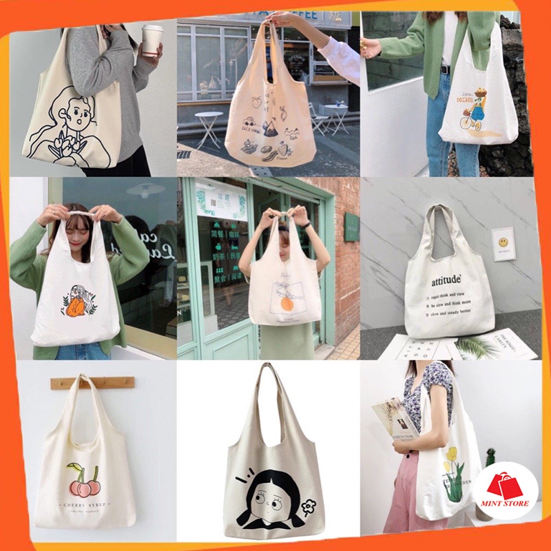 Túi tote vải canvas cỡ lớn đựng đồ đi chơi phong cách ulzzang hàn quốc - Túi xinh mint store PK 319