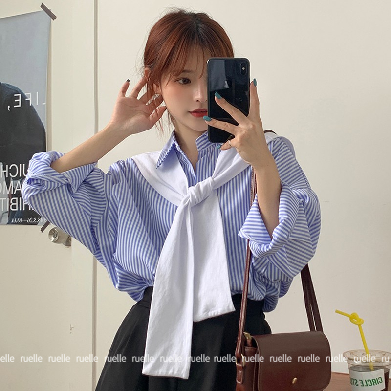 Áo sơ mi tay dài dáng rộng kẻ sọc phong cách thời trang Hàn Quốc dành cho nữ