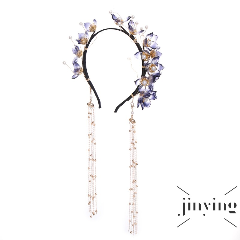 GETNOIVAS Cài tóc phối tua rua xỏ ngọc trai và hoa xanh dương phong cách Trung Hoa handmade