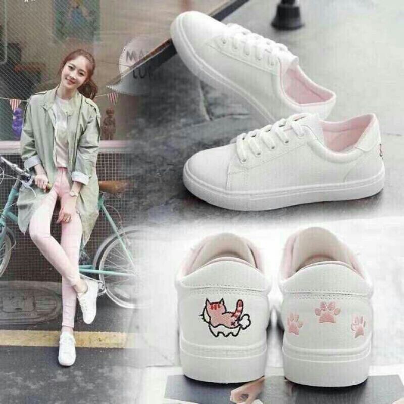 Giày sneaker nữ gót thêu mèo dễ thương (Màu hồng)