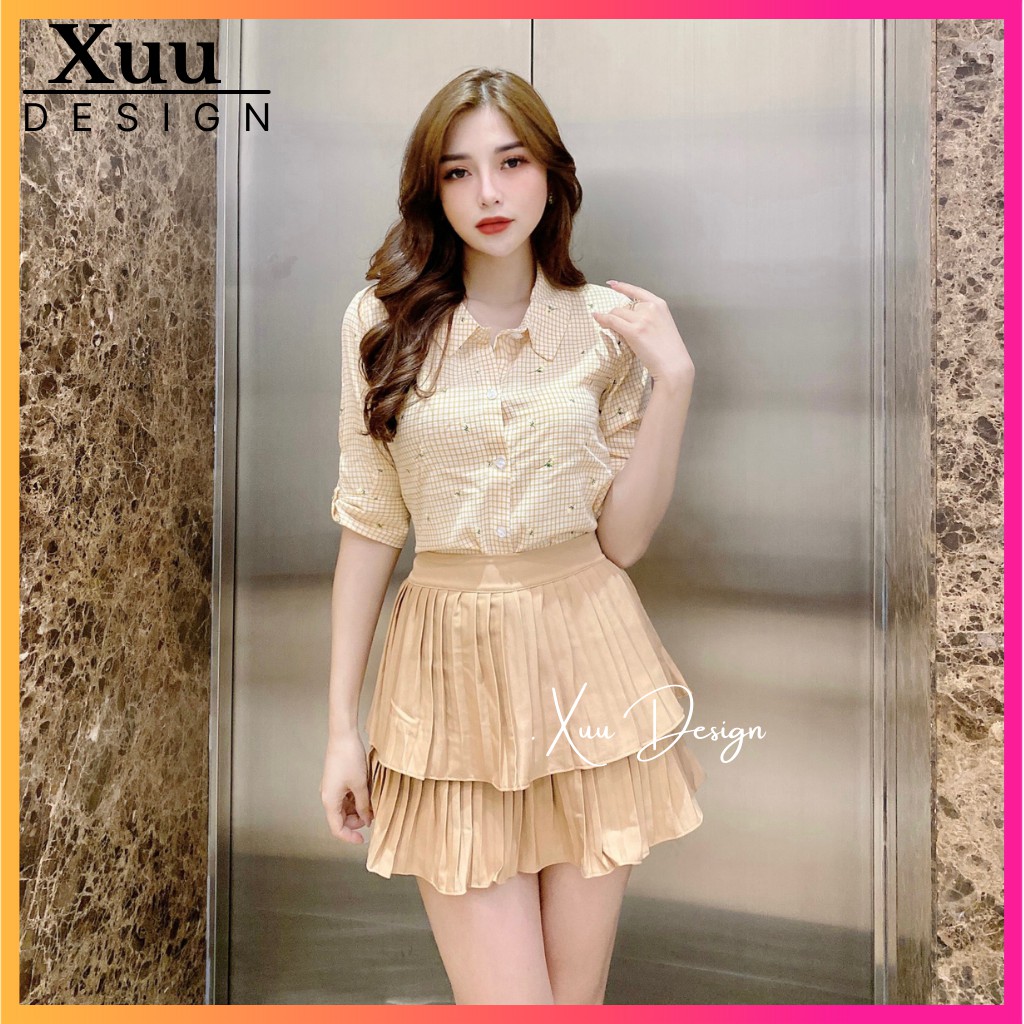 Áo sơ mi nữ công sở Xuu Design💖 Freeship-Ảnh Thật💖 Sơ mi kẻ cổ sen, chất vải đẹp [BS11 caro Vàng]